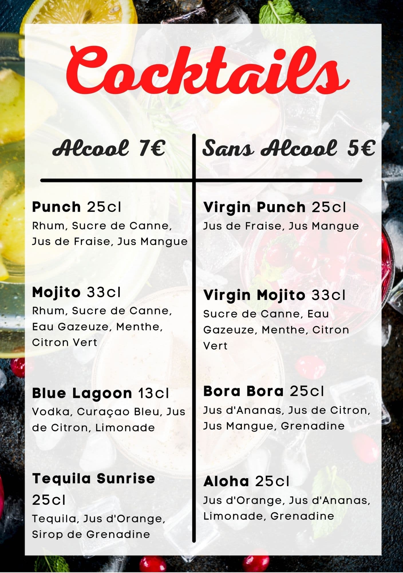 Carte Coctails à partir de 15h tous les jours + samedi toute la journée
