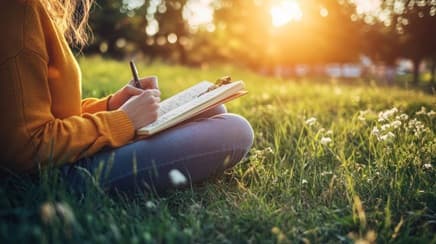 Girl writing in a notebook while sitting on the grass in a park during sunset, capturing the essence of nature and reflection