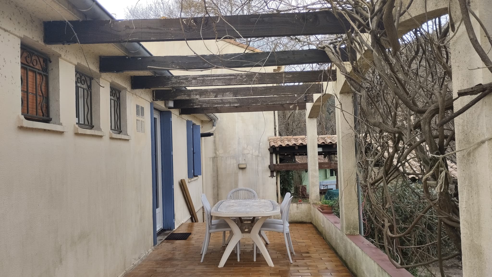 la terrasse, l'hiver avec la glycine en hibernation