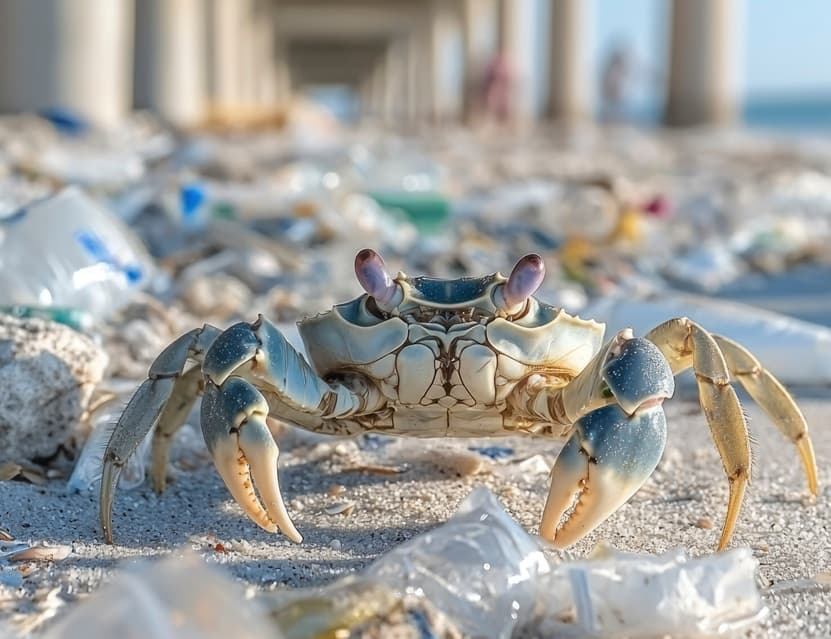 A crab on a beach surrounded by plastic pollution