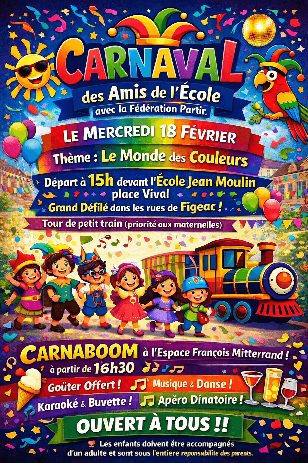 Carnaval des amis de l'école à Figeac : le monde en couleur