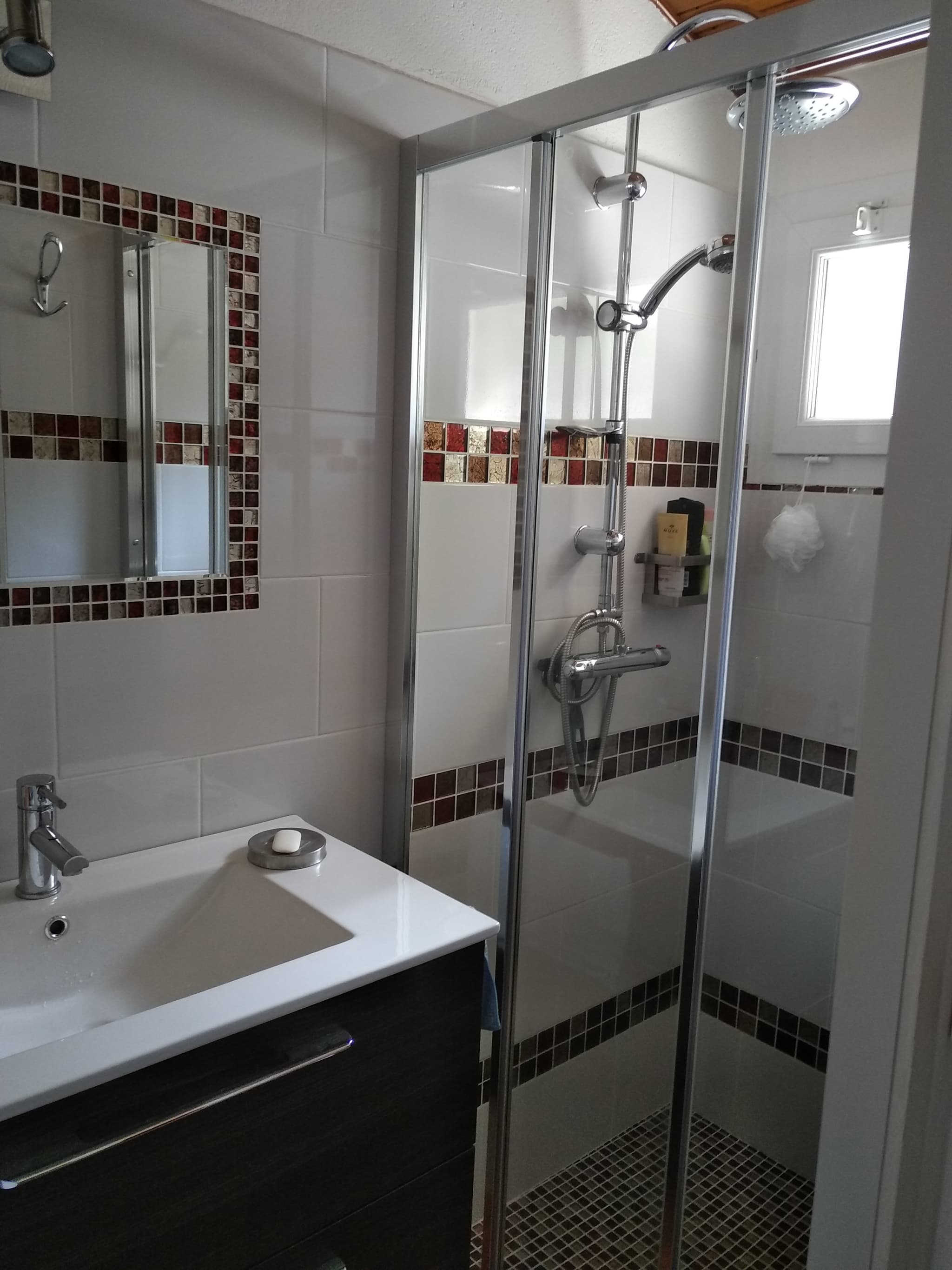 Salla de bain avec une douche . seche cheveux, lisseur.