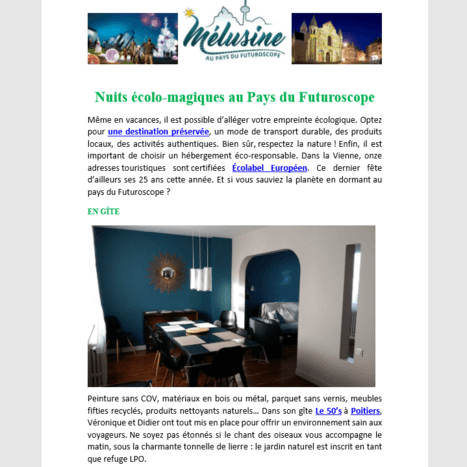 Article mettant en avant le Gîte Poitiers 1950 Eco-Responsable