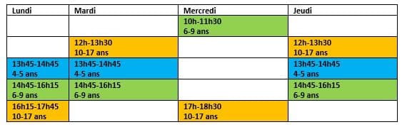 HORAIRES STAGES 17/07-10/08 2023 semaines 1-2-3-4