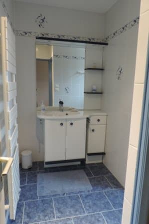 Salle d'eau avec sèche serviette, sèche cheveux
