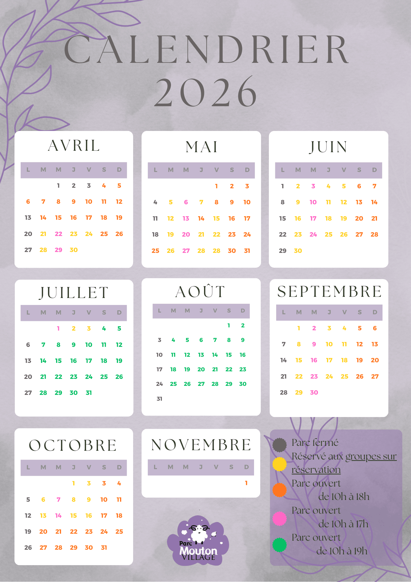 Calendrier parc 2026