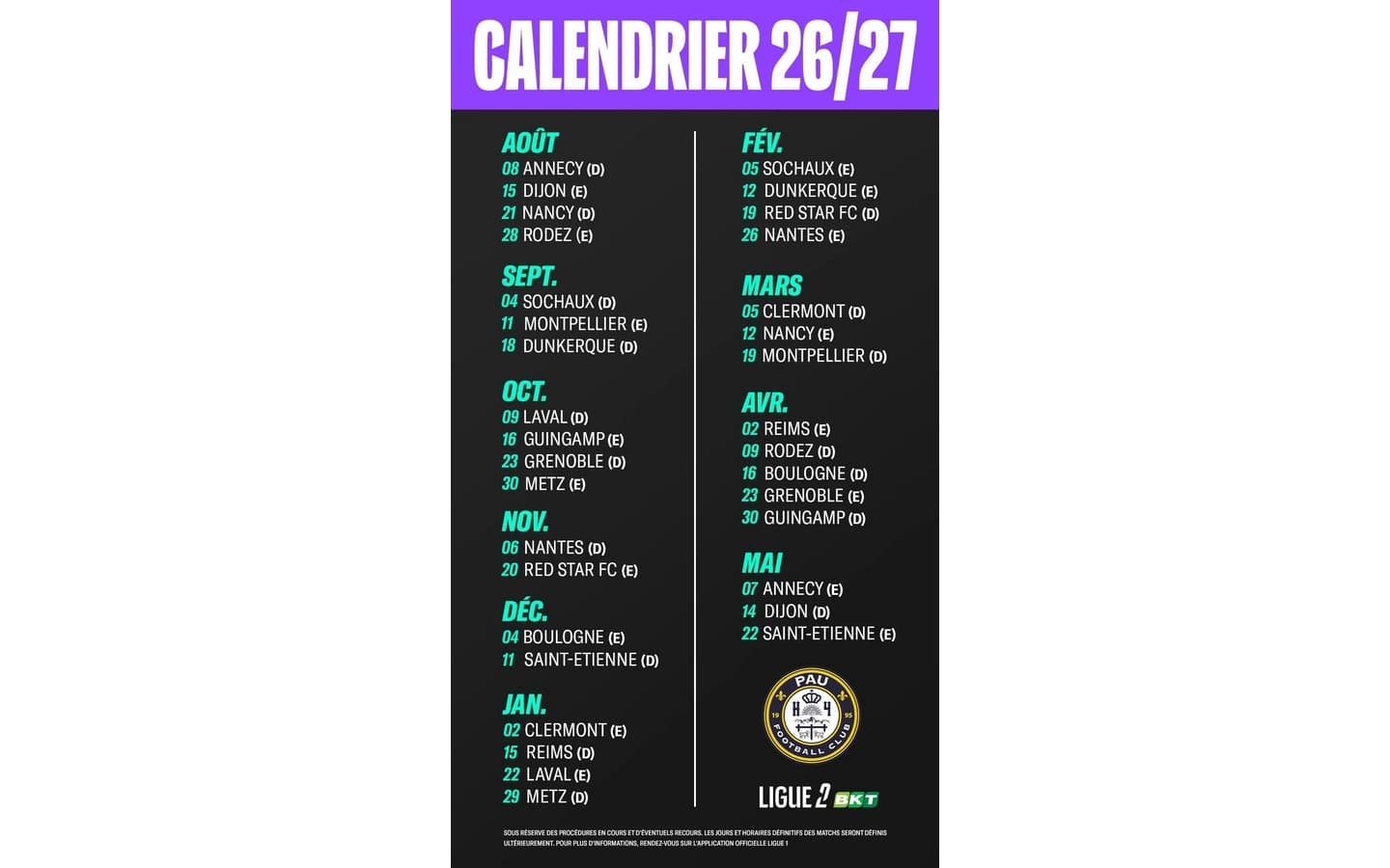 pau fc calendrier