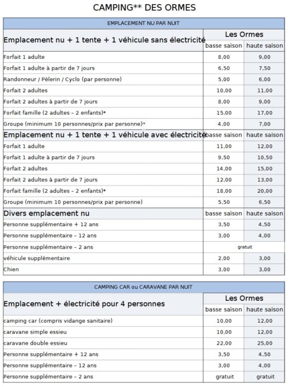 tarifs les Ormes 2026