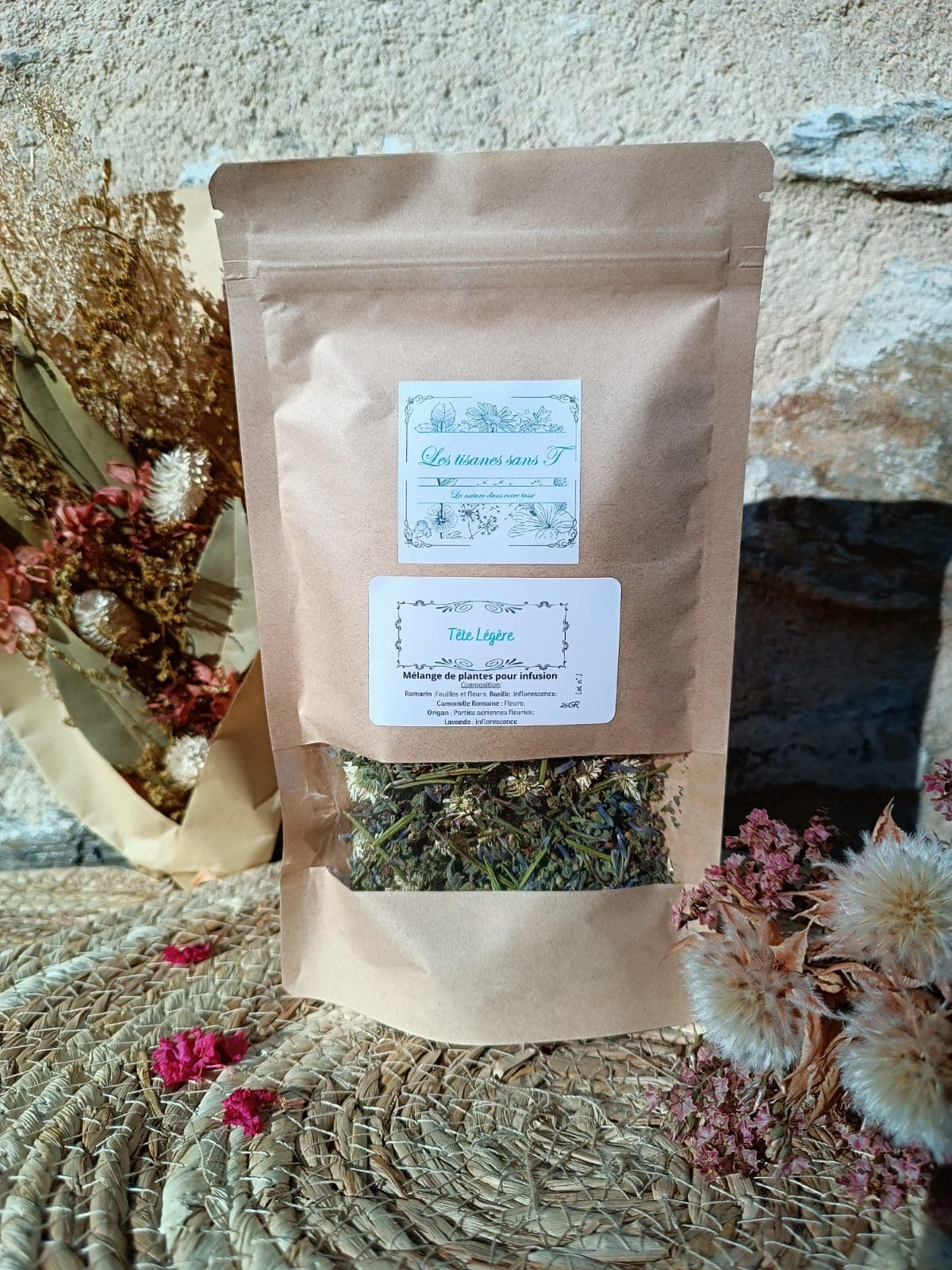 Présentation des tisane vrac exemple :"tete légère" 18 recettes disponibles