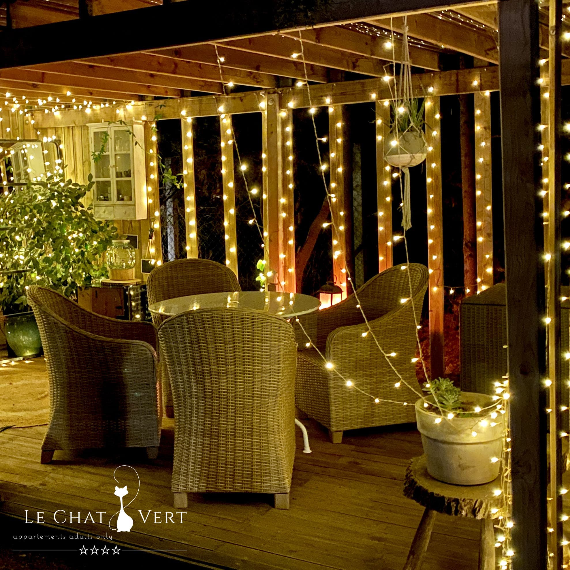 Le Chat Vert - Gîte de Charme****, jardin avec lumières d'amabiance