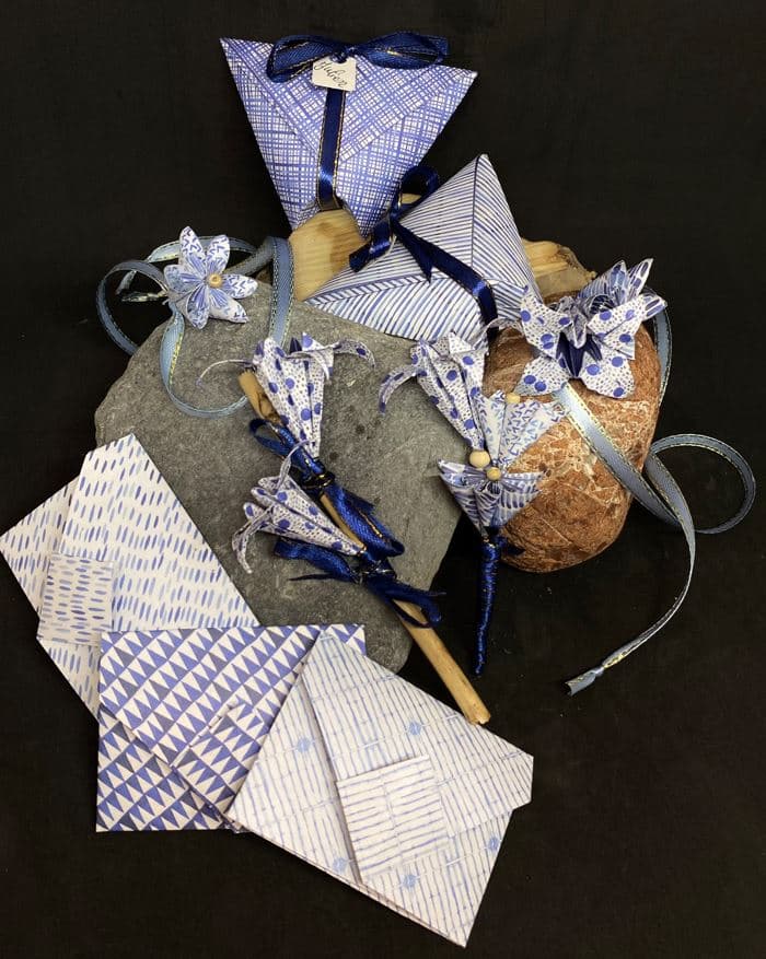 Origami-Boîte dragées-Enveloppes-Bracelets-Boutonnieres-bleu