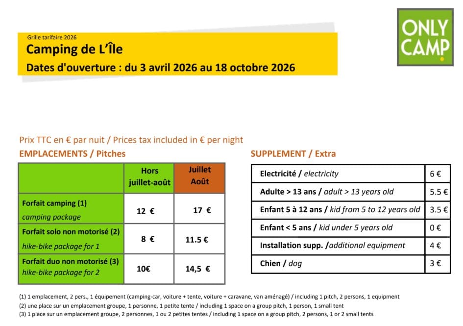 Tarifs Camping de l'ile
