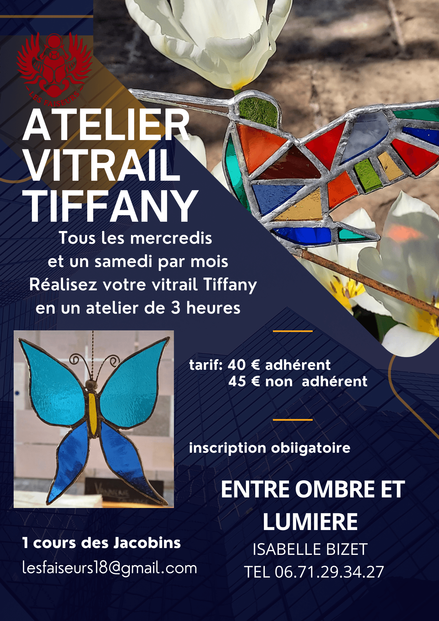 les mercredis de 14h30 à 17h30 et le 4ème samedi du mois 35 euros les 3 h + 5 euros (’inscription obligatoire) 160 euros le forfait de 5 ateliers - 2