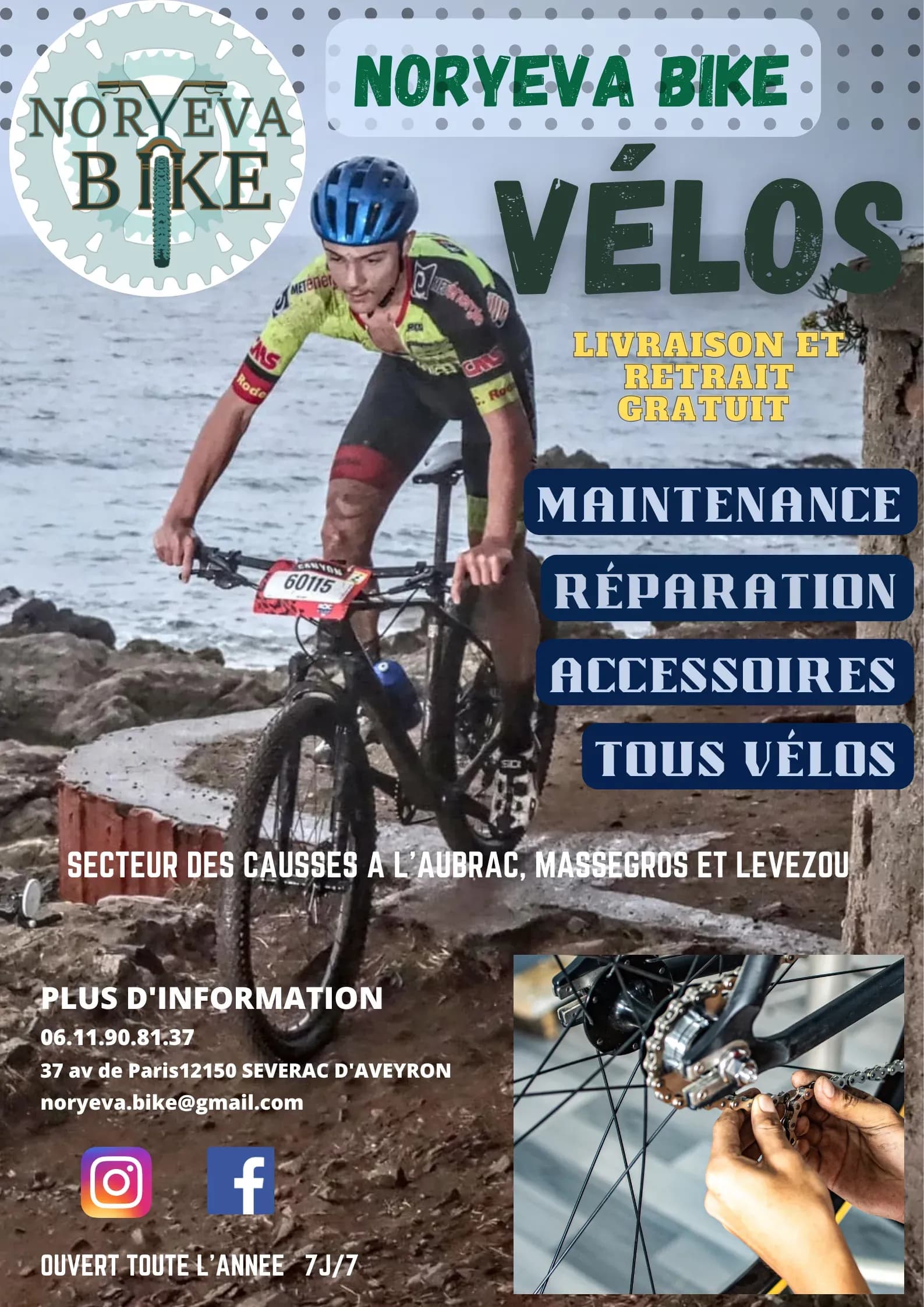 Service de vente, réparation et entretien tout vélo + vente équipement Cycles.
Magasin labélisé "accueil vélo" :
(vente de boissons, de produits nutritions sportives, zone de nettoyage vélo, zone de repos, douche et WC)