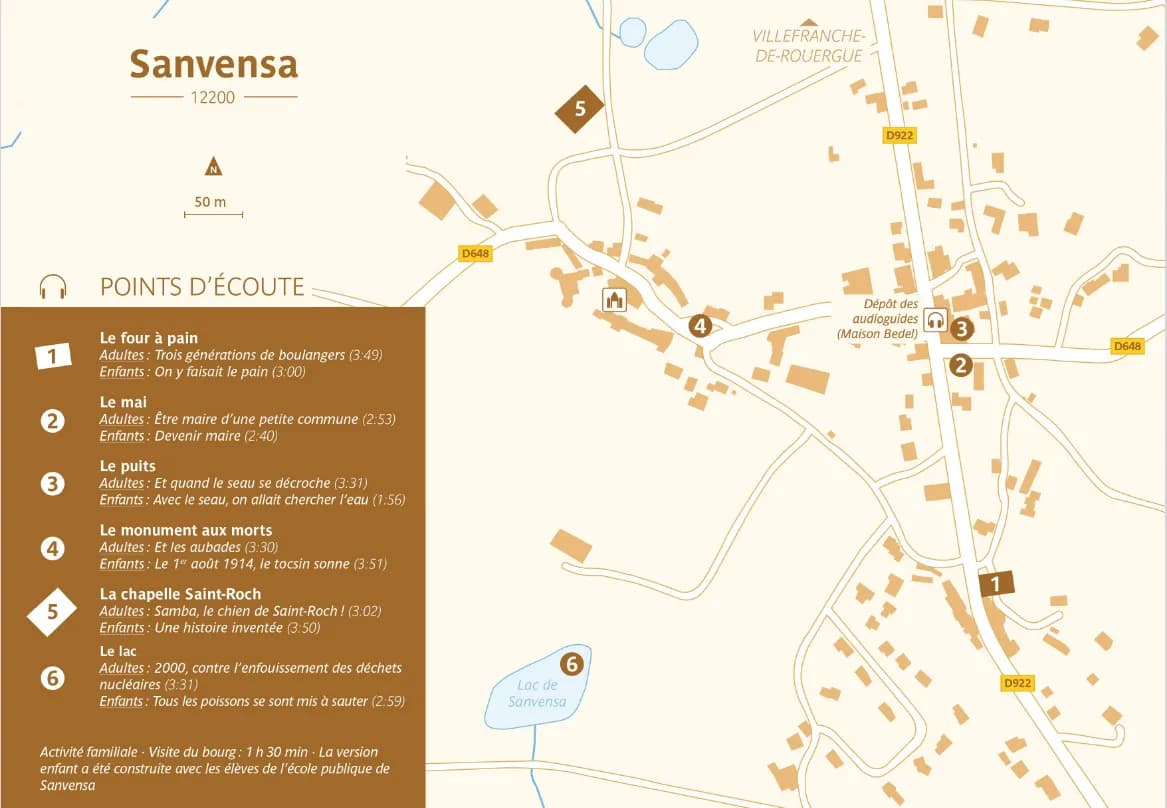Plan du circuit Oreilles en balade de Sanvensa indiquant les différents points d'écoute. A noter : la visite s'effectue désormais uniquement en flashant les Code QR directement sur la signalétique dans le village ou en téléchargeant les sons depuis le site internet d'Oreilles en balade.