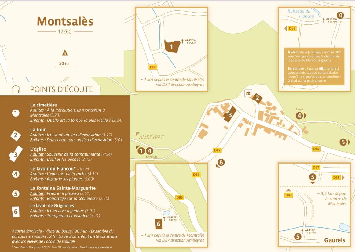 Plan du circuit Oreilles en balade de Montsalès indiquant les différents points d'écoute. A noter : la visite s'effectue désormais uniquement en flashant les Code QR directement sur la signalétique dans le village ou en téléchargeant les sons depuis le site internet d'Oreilles en balade.