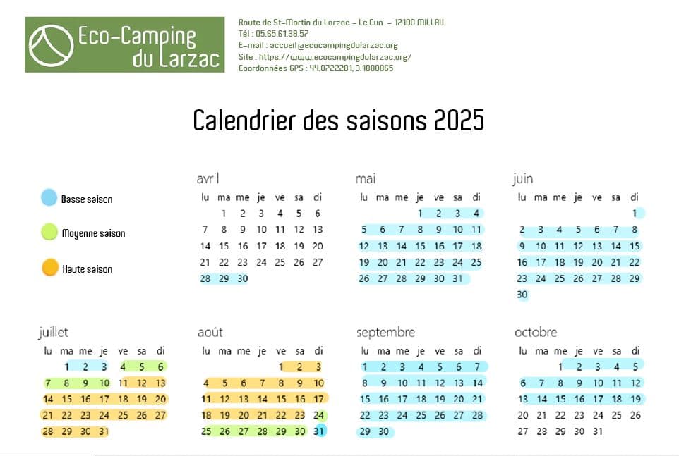 Calendrier des saisons 2025