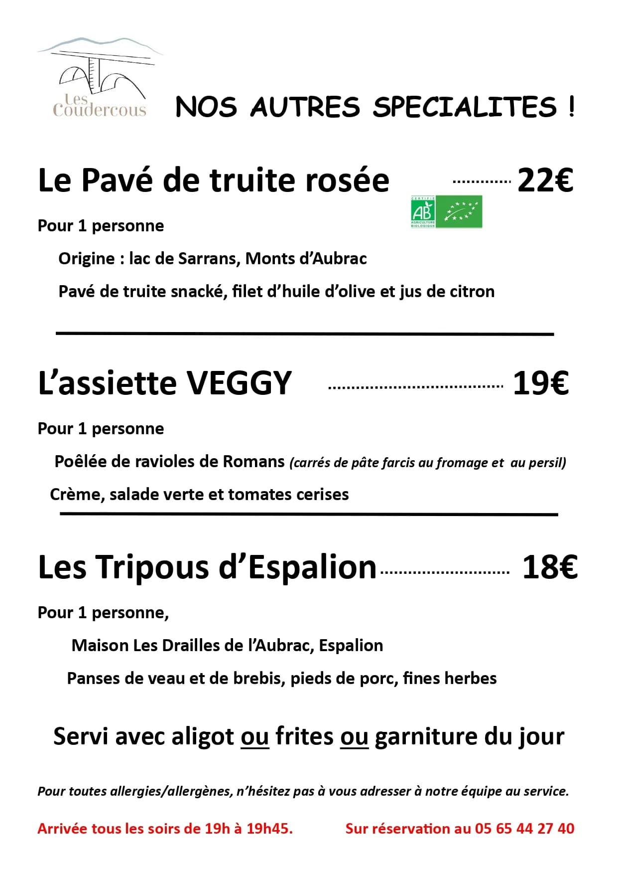 Carte des spécialités soir les Coudercous