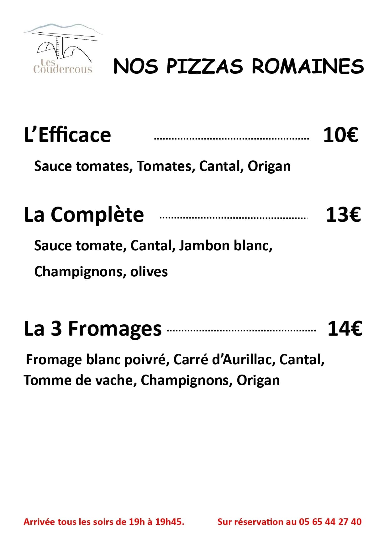 Carte des pizzas soir Les Coudercous