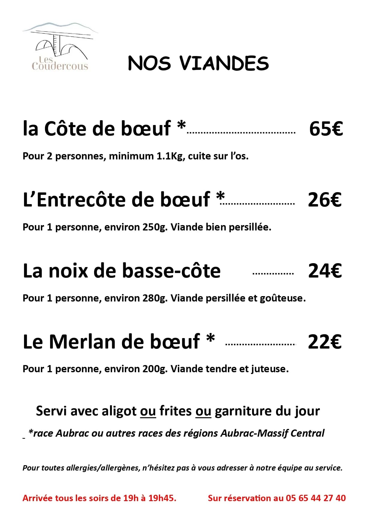 Carte des viandes soir Coudercous
