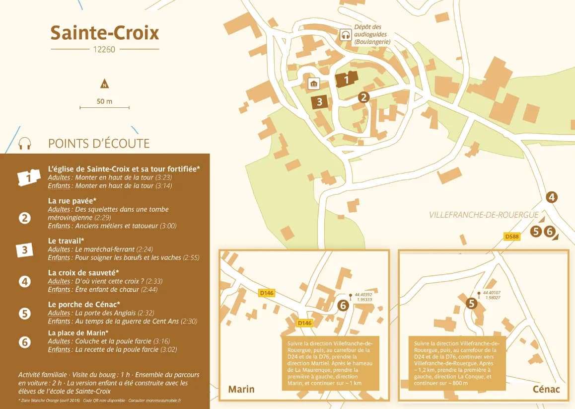Plan du circuit Oreilles en balade de Sainte-Croix indiquant les différents points d'écoute.
A noter : la visite s'effectue désormais uniquement en flashant les Code QR directement sur la signalétique dans le village ou en téléchargeant les sons depuis le site internet d'Oreilles en balade.