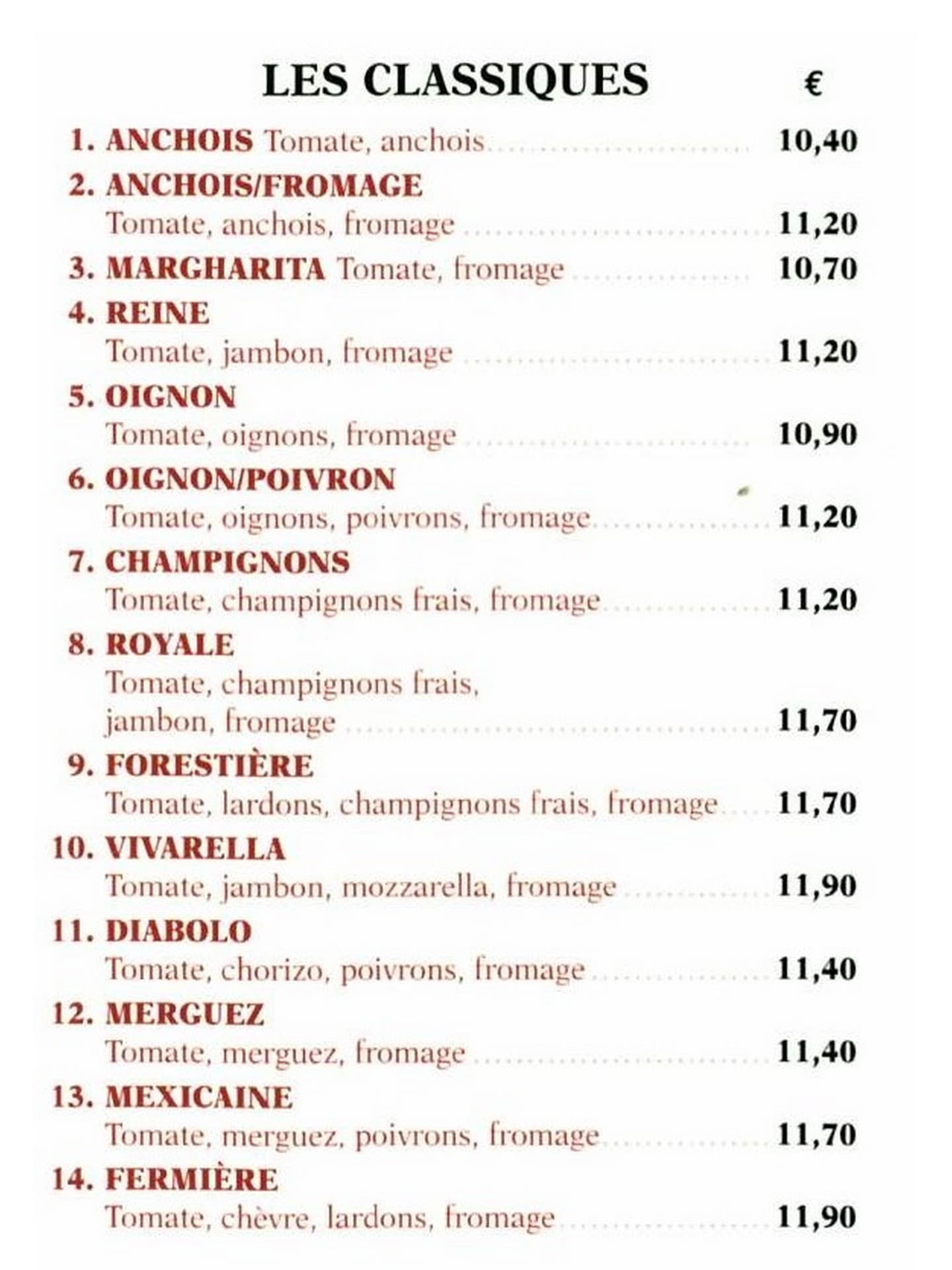 Carte de la pizzeria Pizza Glanum 2023