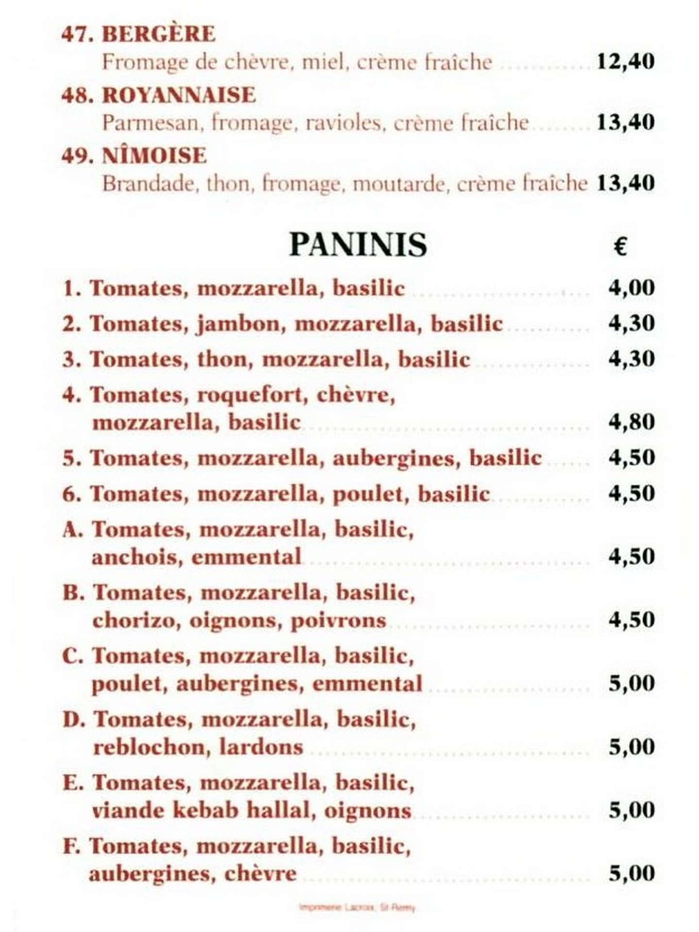 Carte de la pizzeria Pizza Glanum 2023