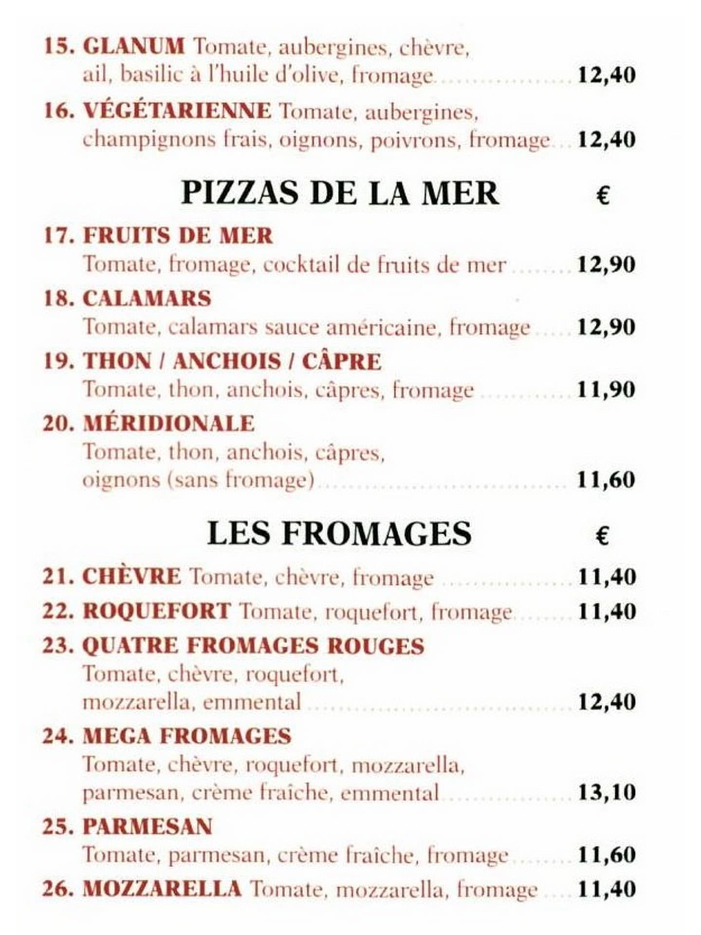 Carte de la pizzeria Pizza Glanum 2023