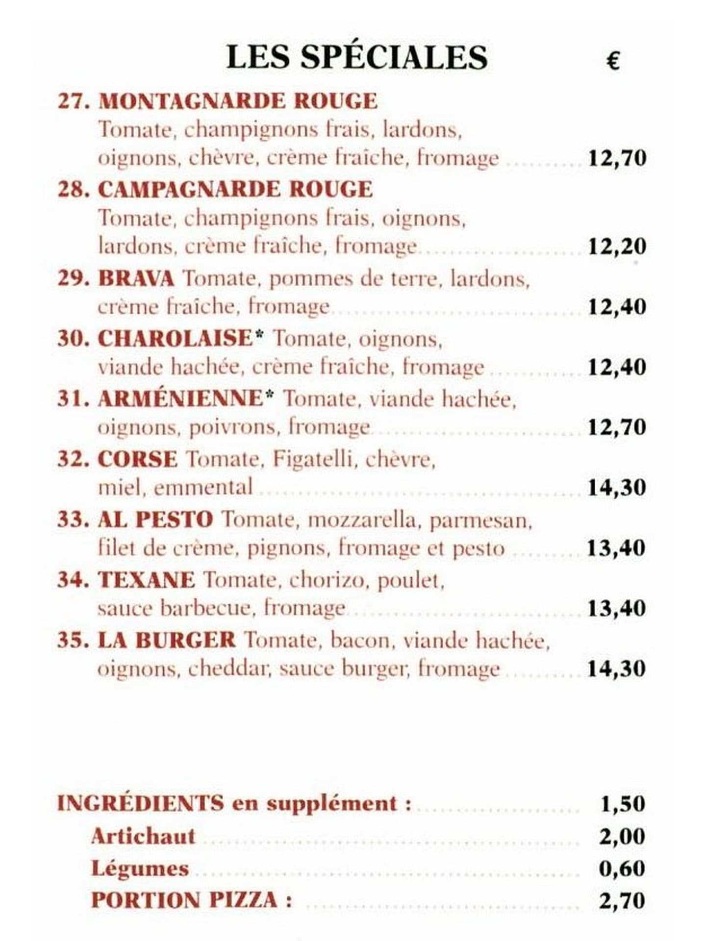 Carte de la pizzeria Pizza Glanum 2023