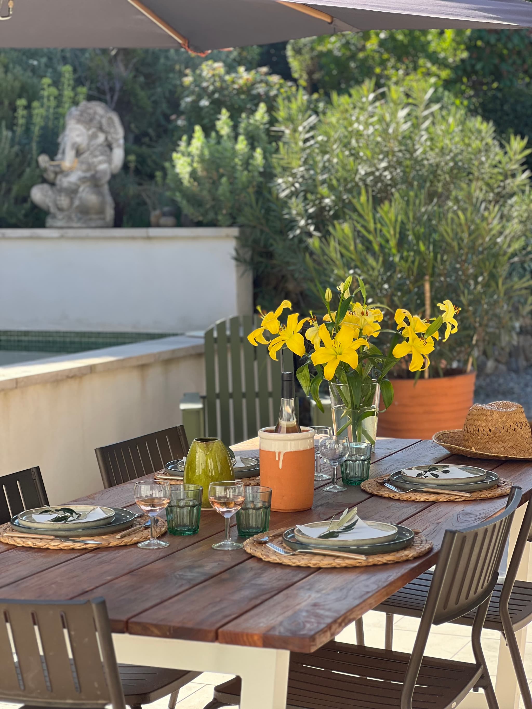 Terrasse avec vue piscine et jardin