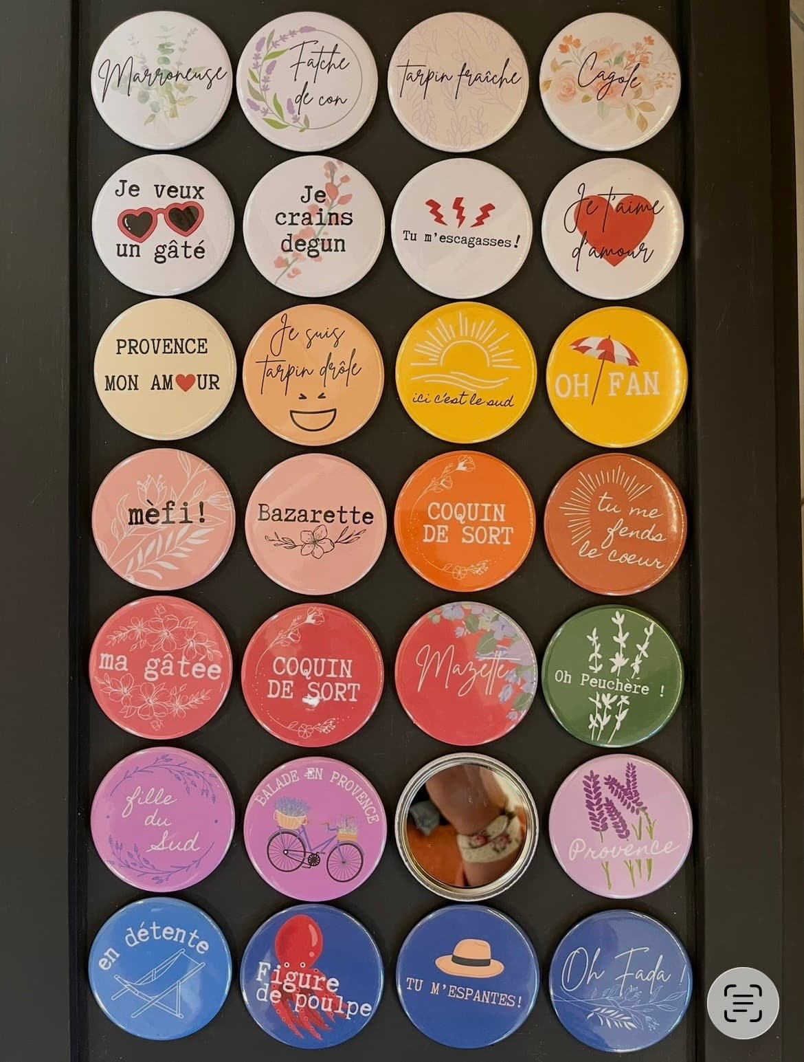 Badges, magnets, miroirs de poche expressions provençales