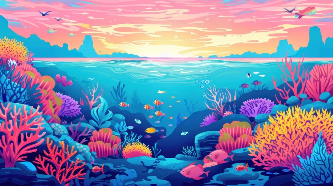 A colorful underwater scene with a variety of fish and coral
