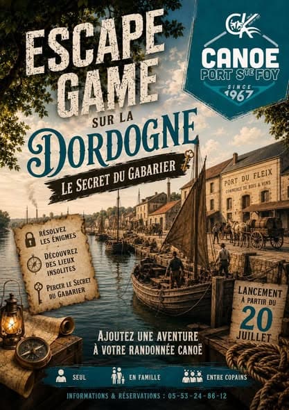 Affiche Escape game Le secret du Gabarier - Canoë Port-Sainte-Foy - Eté 2026