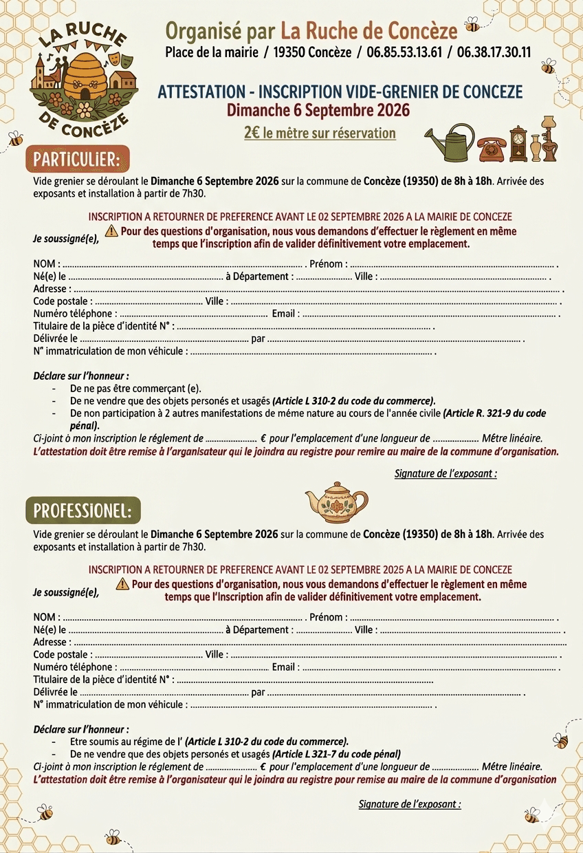 Conceze - inscription vide grenier 06 09 2026