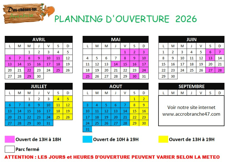 Horaire Des Chênes Toi Aventures 2026