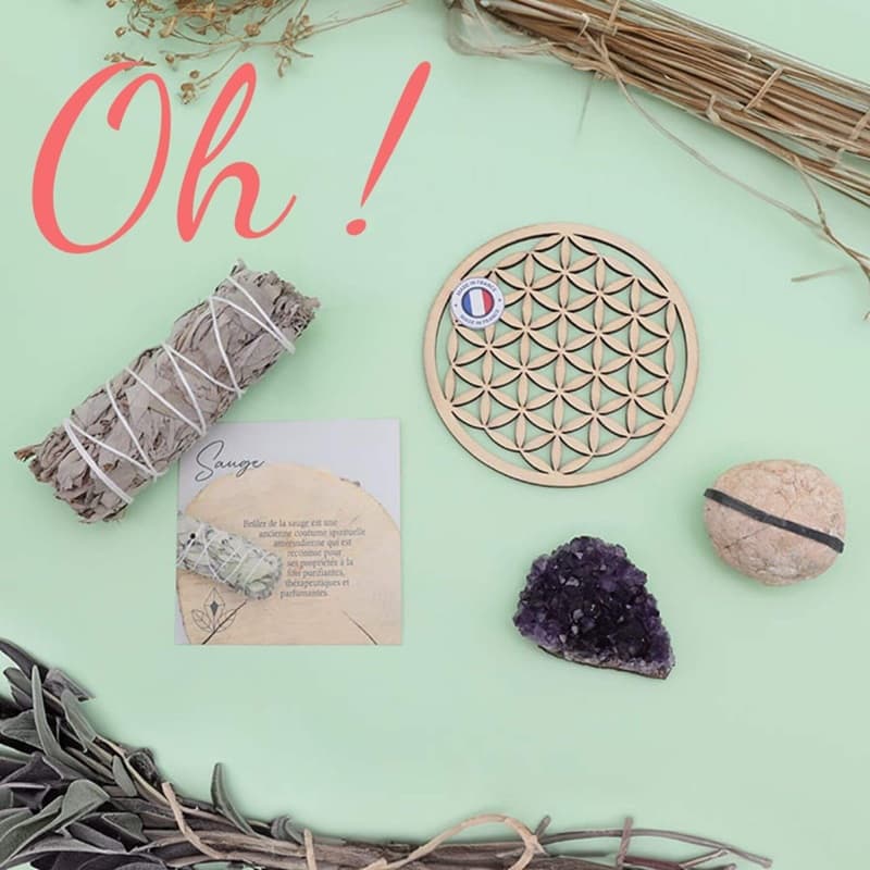moustier-ohcestchouette-Coffret-decouverte-purification-avec-sauge-cristaux-et-plaque-Fleur-de-Vie-1
