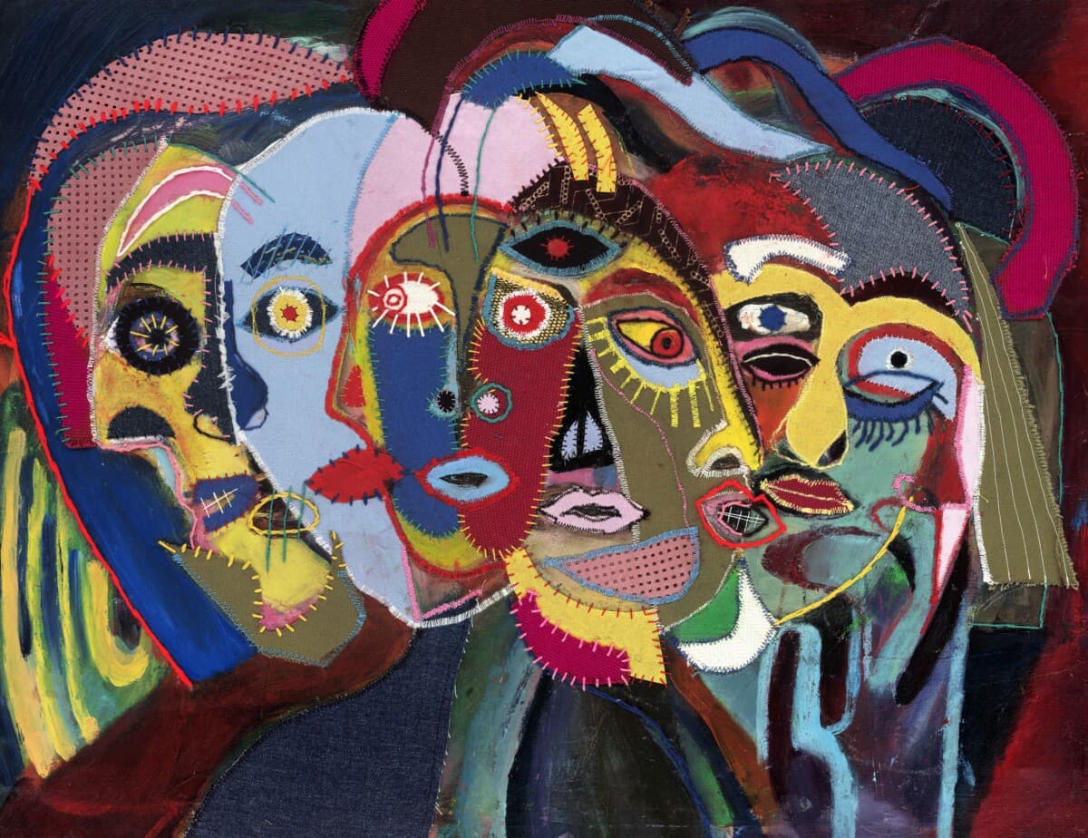 Jardin des visages, 2026, peinture et textile sur toile, 65 x 50 cm,
