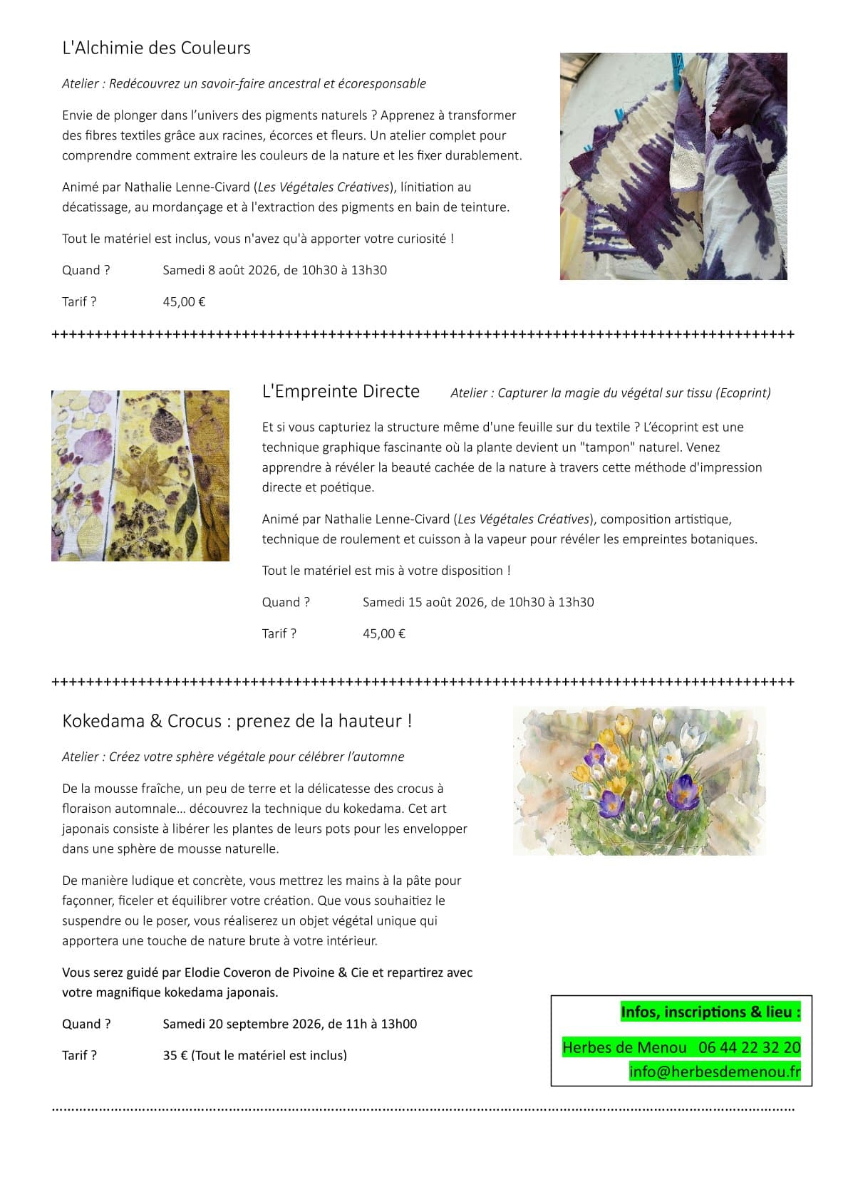 20 juin-20 septembre 2026 - Ateliers créatifs - Herbes de Menou - 2