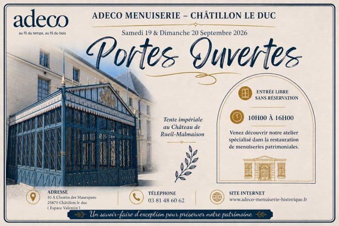 Portes Ouvertes édition N° 2 - Société Adeco Menuiserie spécialisée dans la restauration de Monuments Historiques - 19 et 20 septembre