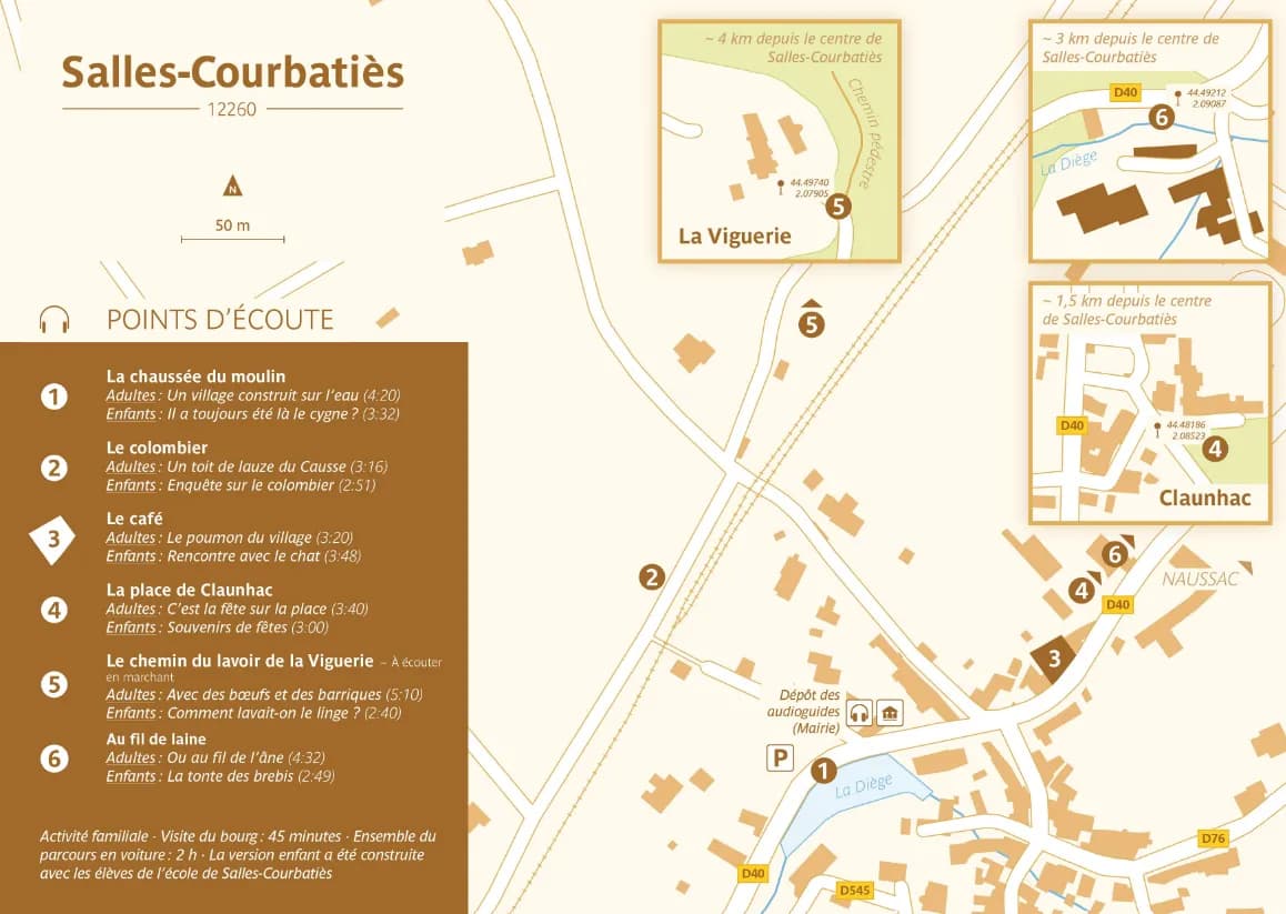 Plan du circuit Oreilles en balade de Salles-Courbatiès indiquant les différents points d'écoute.
A noter : la visite s'effectue désormais uniquement en flashant les Code QR directement sur la signalétique dans le village ou en téléchargeant les sons depuis le site internet d'Oreilles en balade.
