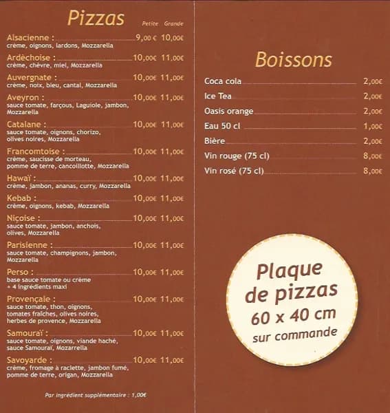 carte des pizzas